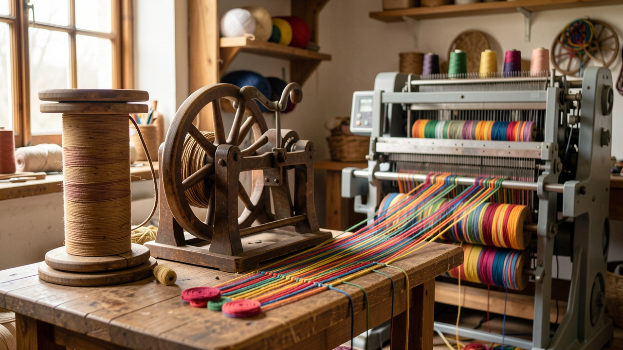 Évolution du tricotin, avec un ancien métier en bois, une machine à manivelle et un modèle automatique entourés de fils colorés dans un atelier chaleureux.